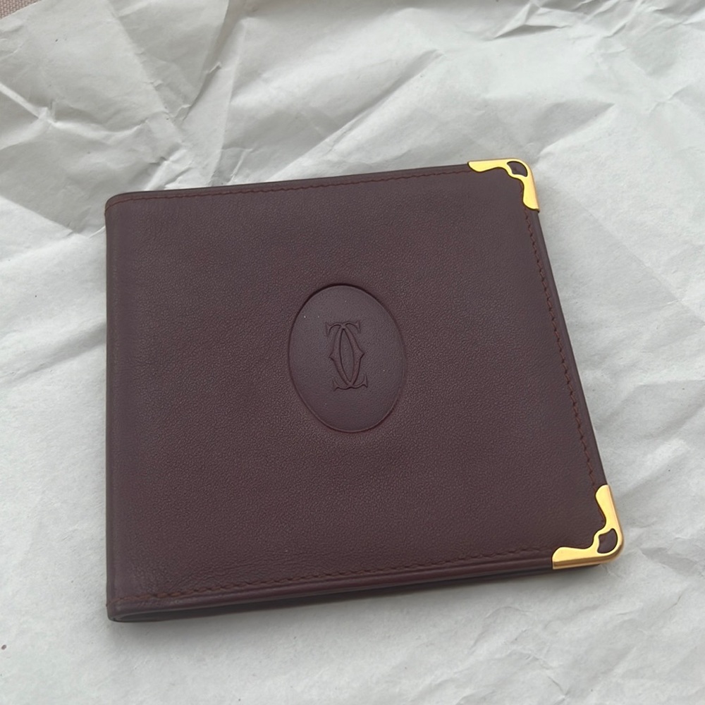 Must De Cartier Bordeaux Burgundy Red & Gold Tone Leather Small Wallet *unisex